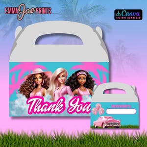 Editable Doll Birthday Gable Box Label, Doll Printable Download, Pink Party Template, Instant Canva Download
