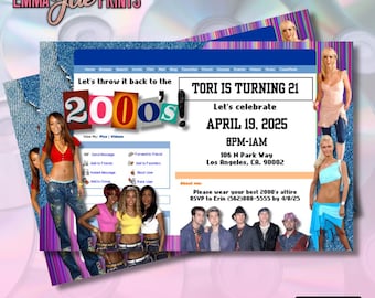 Invitación y tarjeta de agradecimiento editables para una fiesta retro de los años 2000 (descarga digital de Canva)