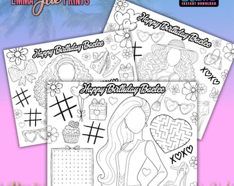 Doll Birthday Party Activity Sheets: Editable Placemats & Coloring Pages (Canva Template Digital Download)