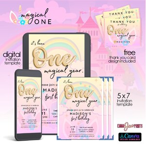 Einhorn 1. Geburtstagseinladung, ein magischer, Regenbogen, erster Geburtstag, rosa Glitzer druckbare, bearbeitbare Vorlage, sofortiger Canva-Download