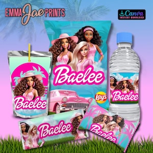 Editable Doll Birthday Snack Labels,  Caprisun, Rice Crispy Treat, Hershey bar, Water Bottle, & Chip Bag Design