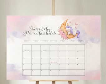 Editable Pink Unicorn Baby Due Date Calendar Game, Baby Shower Game, Guess Baby's Birth Date, Editable template, Due date, Edit With Canva