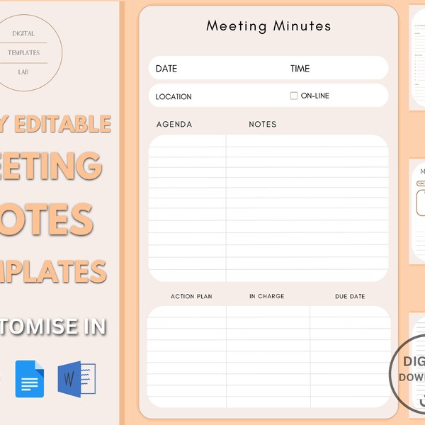 Fully Editable 4 in 1 Meeting Minutes Template - Kindle Scribe Meeting Book Template - Meeting Organizer - Printable Business Project Record