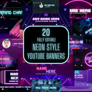 Neon Gaming YouTube Banners: Editable Channel Art (Digital Download)