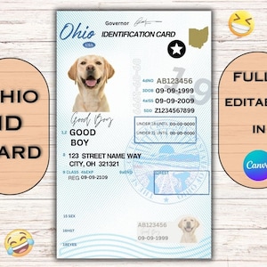 Ohio-identificatiekaart volledig bewerkbare digitale afdrukbare grappige sjabloon Grappige Ohio ID-kaart replica naamkaartjes voor honden