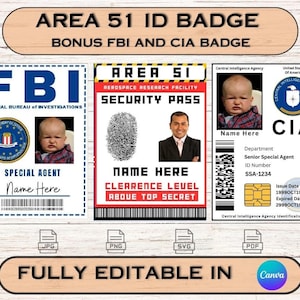 Crachá de identificação da área 51, cartão de identificação federal engraçado, crachá de identificação da área 51 totalmente editável, modelo digital para impressão, bônus do FBI e da Cia