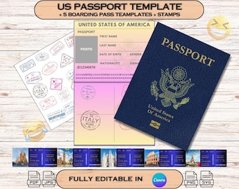 Kids Passport Template + 5pcs Boarding Pass + Customs Stamps: Fully Editable Novelty Gift (Digital Download)