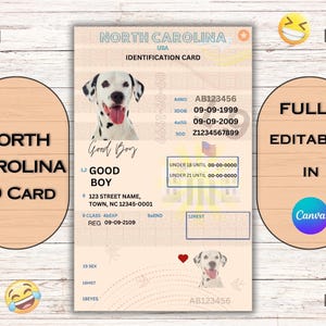 North Carolina Identification Card Fully Editable Digital Printable Funny Template North Carolina Pet ID Card Replica Name Tags For Dogs