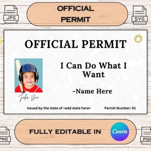 Cartão de Permissão Oficial Totalmente Editável Digitalmente Imprimível Modelo de Permissão Engraçado Eu Posso Fazer o Que Eu Quero Cartão Engraçado Modelo Editável