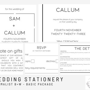 Editable Digital Printable Wedding Stationery, Invitation, Save the Date, RSVP, Details, Gift Note - Minimalist Black White