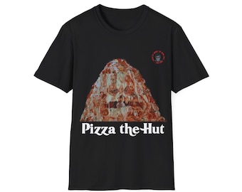May include: Black t-shirt featuring a graphic of a pizza with a face and the text "Pizza the-Hut".