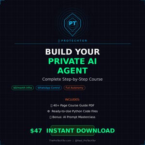 Pode incluir: Anúncio digital em um fundo azul escuro promovendo um curso para construir um agente de IA privado. O texto inclui "BUILD YOUR PRIVATE AI AGENT" e "$47 INSTANT DOWNLOAD". A imagem também apresenta um logotipo e marcadores.