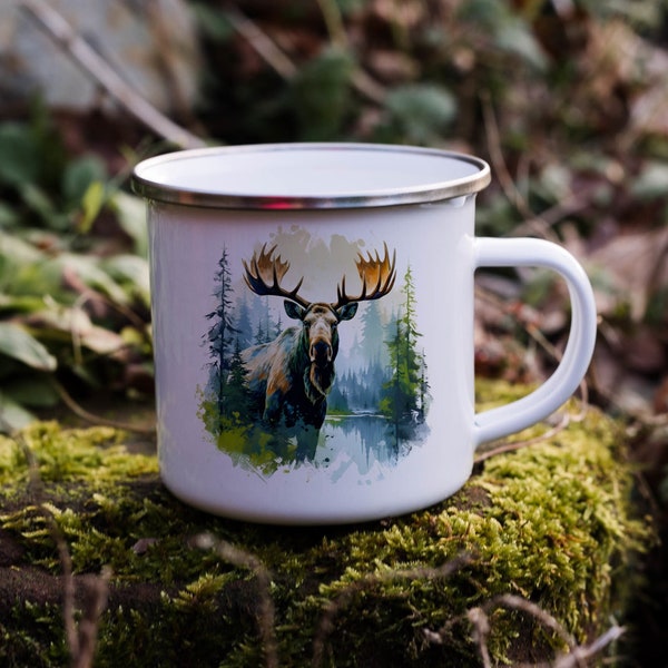 12oz Enamel Mug Moose,  Swedish Art, Pine Forest & Moose Head Painting - Ideal for Wildlife Lovers, hiking gift, gift for campers