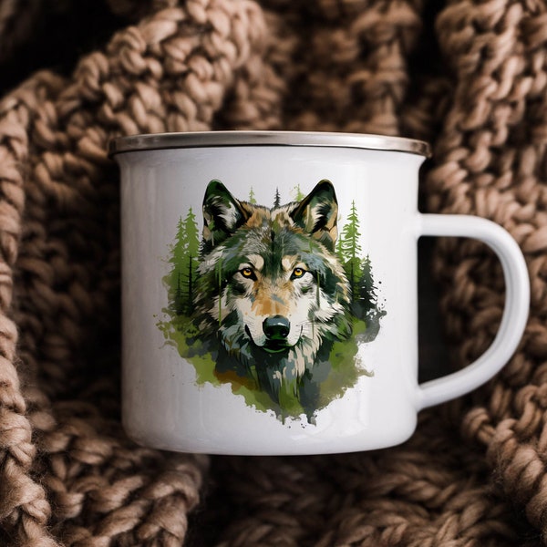 Enchanting Wolf Enamel Mug with Pine Forest & Wolf Head Painting - Perfect for Wildlife Watchers and nature enthusiasts