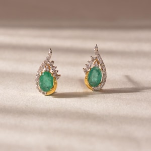 Emerald Stud Earrings, Oval Cut May Birthstone with Natural Zircon, 925 Sterling Silver Dainty Handmade Jewelry Gift for Her