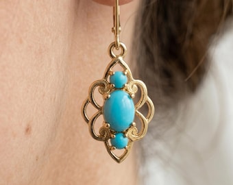 Boucles d'oreilles pendantes turquoise minimalistes, argent sterling 925, pierre de naissance de décembre, or vermeil 14 carats