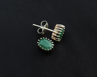 Emerald Garnet Gemstone Stud Earrings • Daily Wear Minimalist Design • Handmade 925 Sterling Silver Jewelry • Gift for Her • Elegant Jewelry