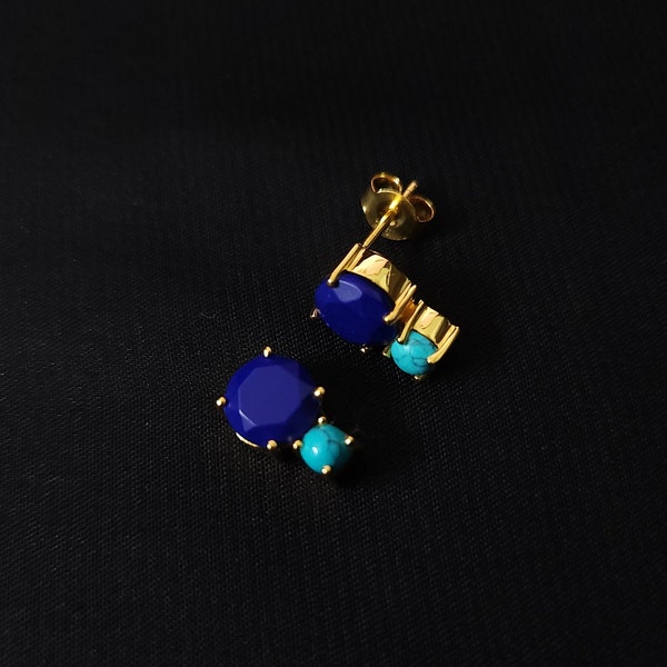 Clous d'oreilles en lapis-lazuli et turquoise naturelle, plaqué or 14 carats, boucles d'oreilles minimalistes à porter au quotidien, bijoux en argent sterling 925 faits main