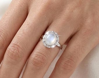 Handgemachter Mondstein Edelstein Ring, 925 Sterling Silber Baguette Ring