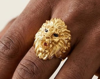 Anillo de cabeza de león, oro vermeil de 14 quilates, plata de ley hecha a mano, diseño de león rugiente