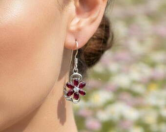 Ruby Zircon Flower Drop Earrings, 14K Gold Vermeil Sterling Silver