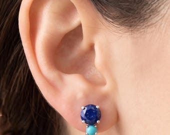 1 Day Shipping--Lapis Lazuli Turquoise Stud Earrings, 925 Sterling Silver, Handmade Gemstone Jewelry