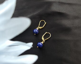 Round Ball Lapis Lazuli Earrings, Minimalist Casual Jewelry, Daily Wear Sterling Silver Dangle Drop Earrings, Handmade Gift for Her