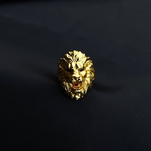 ゴールド ライオンヘッド メンズ リング、レオ リング、14K ゴールド メッキ、メンズ キング リング、アフリカン ライオン リング、ハンドメイド 925 スターリング シルバー、3D 吠えるライオン リング