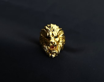 Anello da uomo con testa di leone in oro, anello Leo, placcatura in oro 14K, anello da re da uomo, anello leone africano, argento sterling 925 fatto a mano, anelli leone ruggente 3D