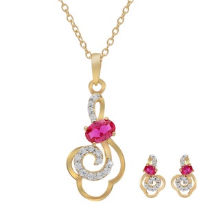 Ruby with Natural Zircon Jewelry Set, Handmade Women’s Jewelry, 925 Sterling Silver Necklace & Earrings, Minimalist Gemstone Gift for Her