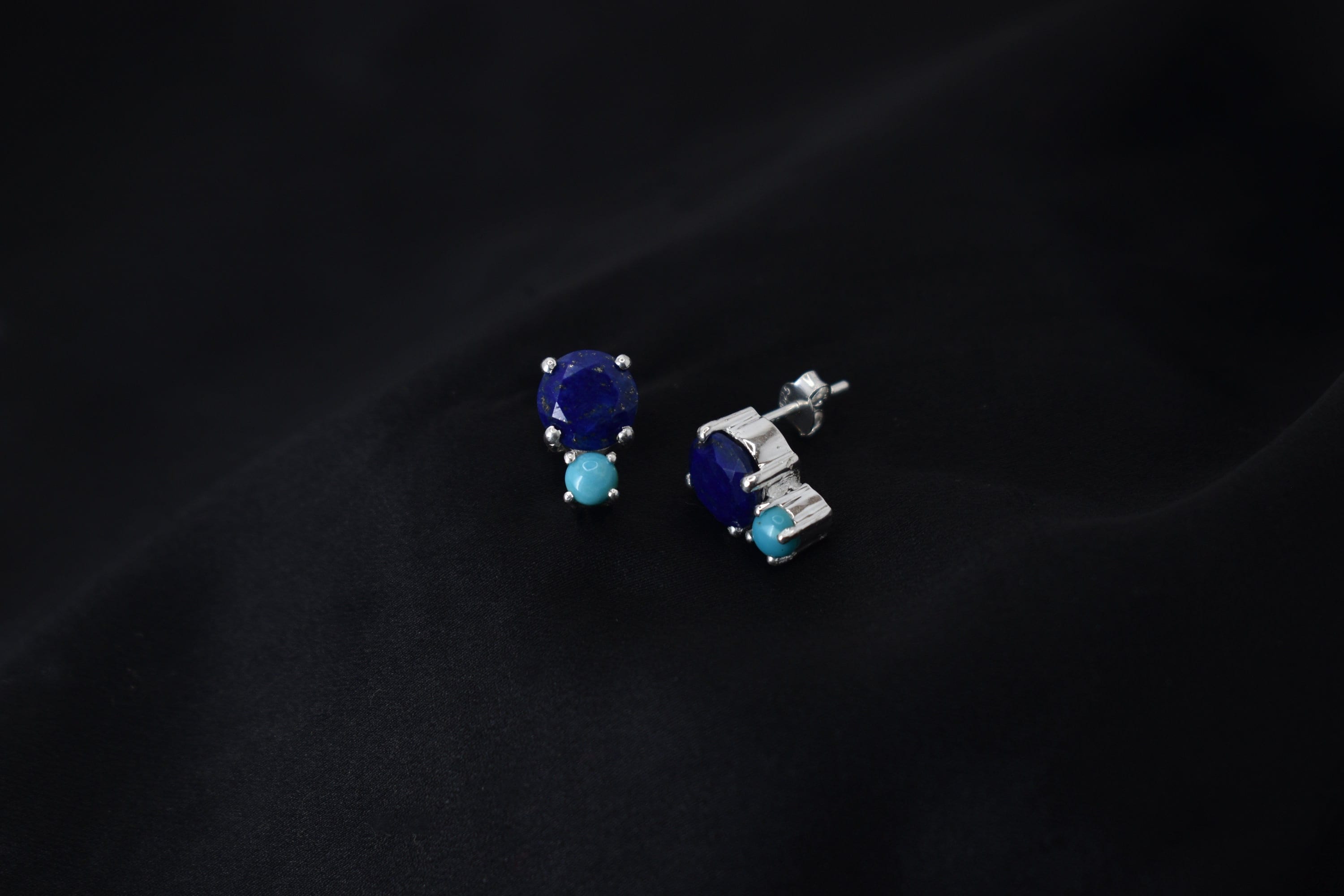 Natural Lapis Lazuli & Turquoise Stud Earrings, Handmade 925 Silver Blue Gemstone Jewelry, December Birthstone Gift, Dainty Everyday Earring