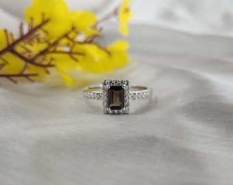 Delicato anello in quarzo fumé con zircone, anello nuziale in argento con pietra preziosa, argento sterling 925, anello di fidanzamento, gioielli in argento fatti a mano
