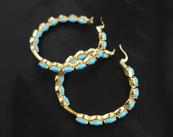 Marquise Cut Turquoise Earrings, 925 Sterling Silver Hoop Jewelry, December Birthstone Cabochon Earrings, Handmade Wedding Gift for Her