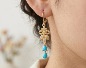 Pendientes colgantes de circonita turquesa, plata de ley 925, piedra natal de diciembre, bañados en oro de 14 quilates.