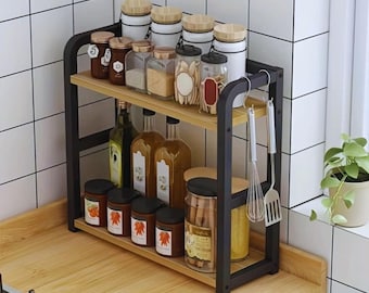 2段カウンタートップシェルフ - コーヒー、マグカップ、スパイス、調味料用の金属製キッチンオーガナイザーラック