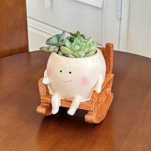 Può includere: Un'originale fioriera in ceramica bianca a forma di personaggio sorridente, con guance rosee, seduto su una sedia a dondolo in legno. La fioriera è riempita di piante grasse verdi. Il personaggio tiene in mano una tazza.