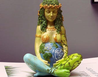 ガイアの地球女神像 - 地球儀を持ち、自然の精霊の祭壇装飾