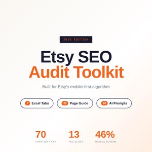 May include: A graphic with the title "Etsy SEO Audit Toolkit" in navy and orange. The image includes the text "2026 Edition" and details like "7 Excel Tabs," "23 Page Guide," and "18 AI Prompts." Additional data points are also displayed.