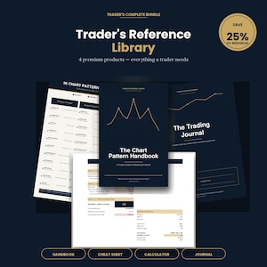 May include: A bundle of trading resources, including a handbook, cheat sheet, calculator, and journal. The dark blue covers feature white text and gold accents. The text includes "Trader's Reference Library" and "The Chart Pattern Handbook."