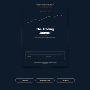 Könnte beinhalten: Dunkelblaues, druckbares PDF-Trading-Journal mit goldenem Text und einem goldenen Liniendiagramm. Der Titel "The Trading Journal" ist prominent dargestellt. Zusätzlicher Text lautet "A trader's daily log, weekly review, and lifetime growth tool."