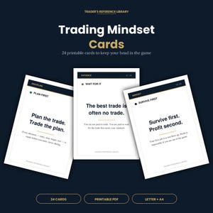 May include: A dark blue graphic with the text "Trading Mindset Cards." Three white cards display motivational quotes. The cards are labelled "Discipline," "Patience," and "Mindset." The bottom of the graphic has text that reads "24 Cards," "Printable PDF," and "Letter + A4."