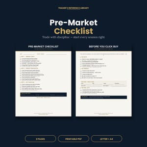 May include: A digital Pre-Market Checklist on a dark blue background. The checklist includes sections for market preparation and setting a trading plan. The text "Pre-Market Checklist" is in bold white letters. The image also includes the text "2 pages", "Printable PDF", and "Letter + A4".