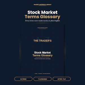 May include: A dark blue book cover with the title "Stock Market Terms Glossary" in gold lettering. The text "Every term a new trader needs, in plain English" is below the title. The book is part of the Trader's Reference Library.