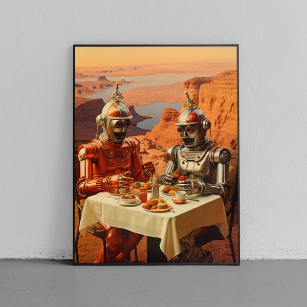 Mid Century Robot Print Picnic Desert Canyon Retro Futuristic Robot Wall Art Quirky Home Decor Atomic Age Print Retro Sci Fi Robot Poster