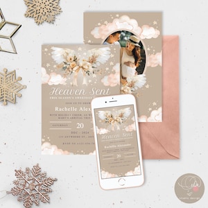 Christmas Baby Shower Invitation, Heaven Sent, Angel&#39;s Wing Theme, Personalized Digital Download, Winter Baby Shower Invitation