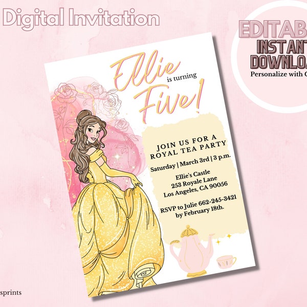 Editable Digital Princess Belle Beauty and the Beast Birthday Party Invitation-DIY INSTANT DOWNLOAD
