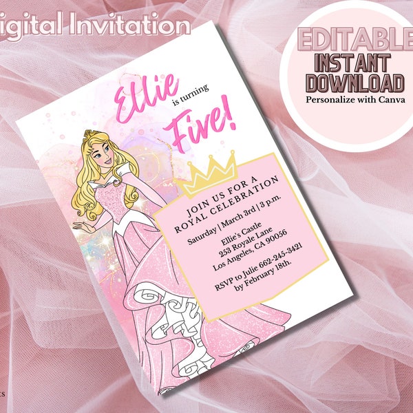 Editable Digital Princess Aurora Sleeping Beauty Birthday Invitation-DIY INSTANT DOWNLOAD