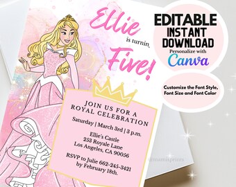 Editable Digital Princess Aurora Sleeping Beauty Birthday 5 x 7Invitation-DIY INSTANT DOWNLOAD