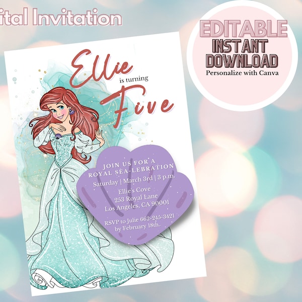 Editable Digital Princess Ariel The Little Mermaid Girl Birthday Invitation-DIY INSTANT DOWNLOAD