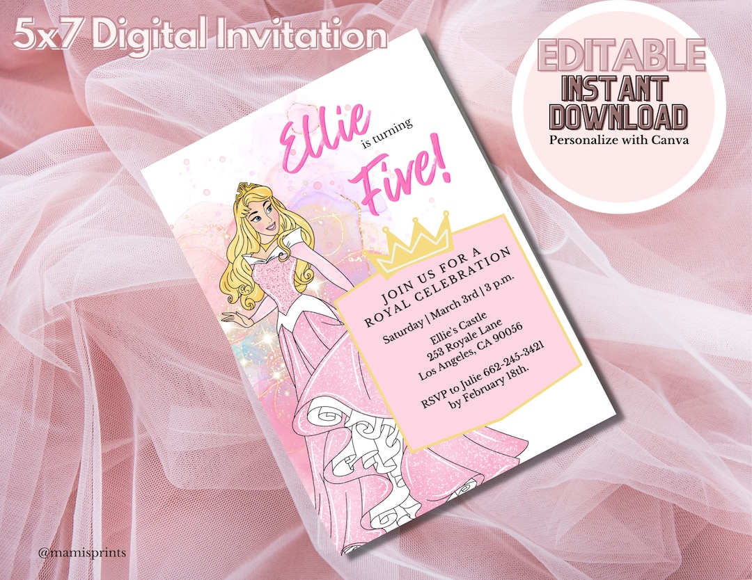 Editable Digital Princess Aurora Sleeping Beauty Birthday Invitation ...